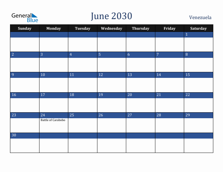 June 2030 Venezuela Calendar (Sunday Start)