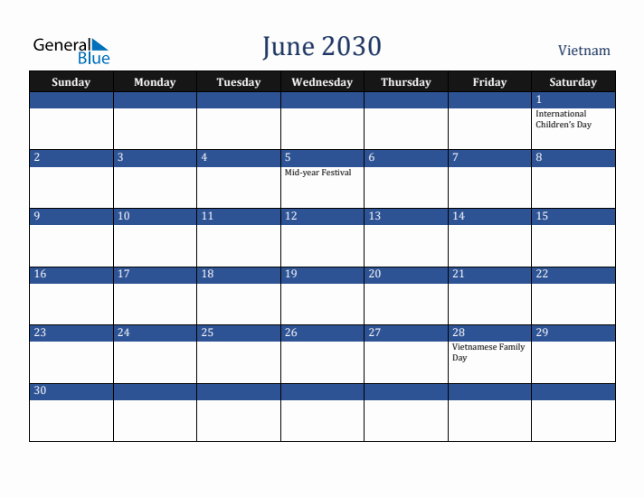 June 2030 Vietnam Calendar (Sunday Start)