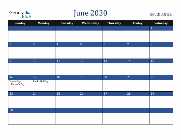 June 2030 South Africa Calendar (Sunday Start)