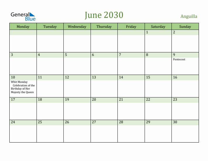 June 2030 Calendar with Anguilla Holidays