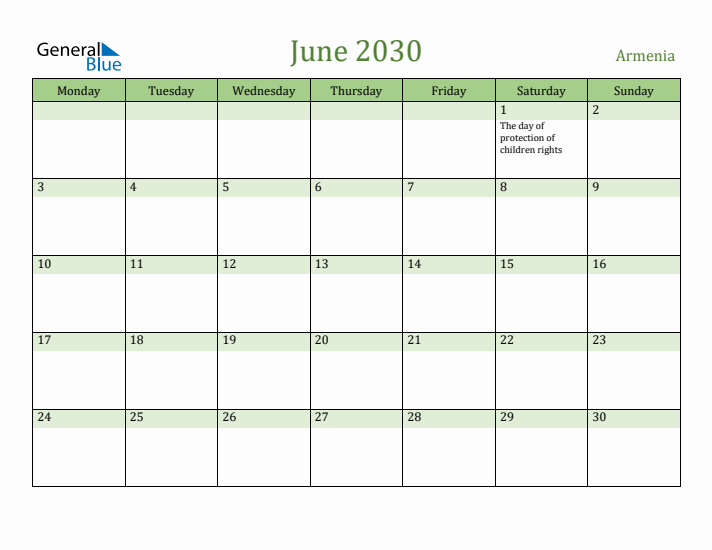 June 2030 Calendar with Armenia Holidays