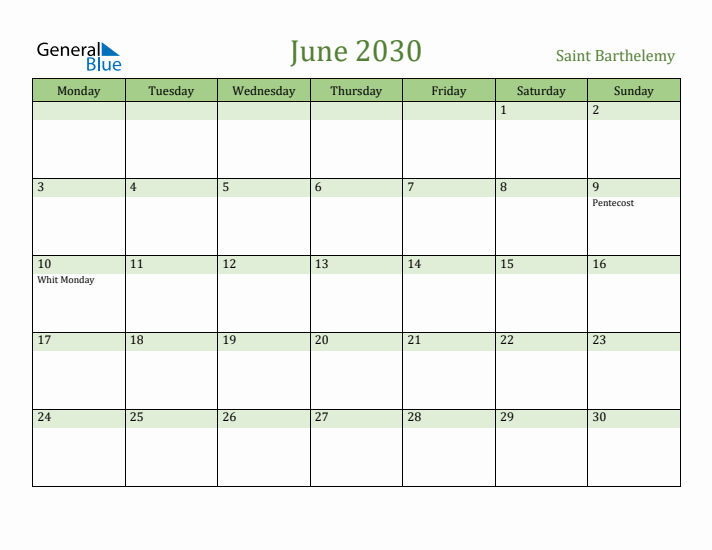 June 2030 Calendar with Saint Barthelemy Holidays