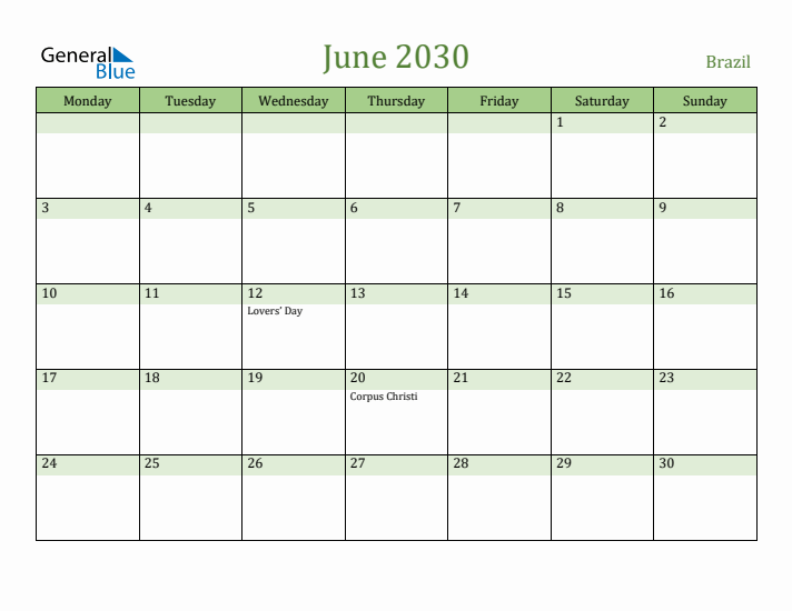 June 2030 Calendar with Brazil Holidays