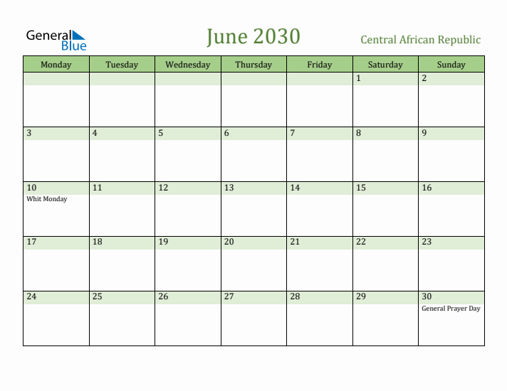 June 2030 Calendar with Central African Republic Holidays