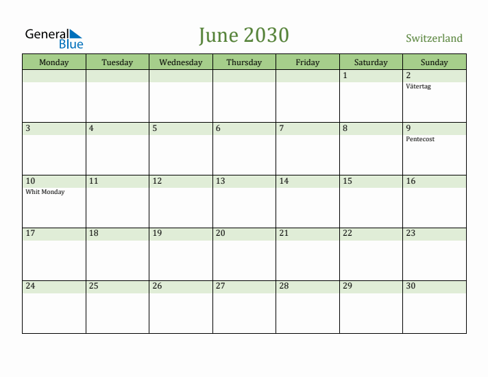 June 2030 Calendar with Switzerland Holidays