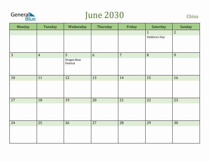 June 2030 Calendar with China Holidays