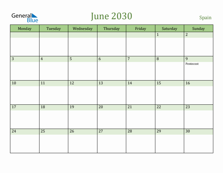 June 2030 Calendar with Spain Holidays