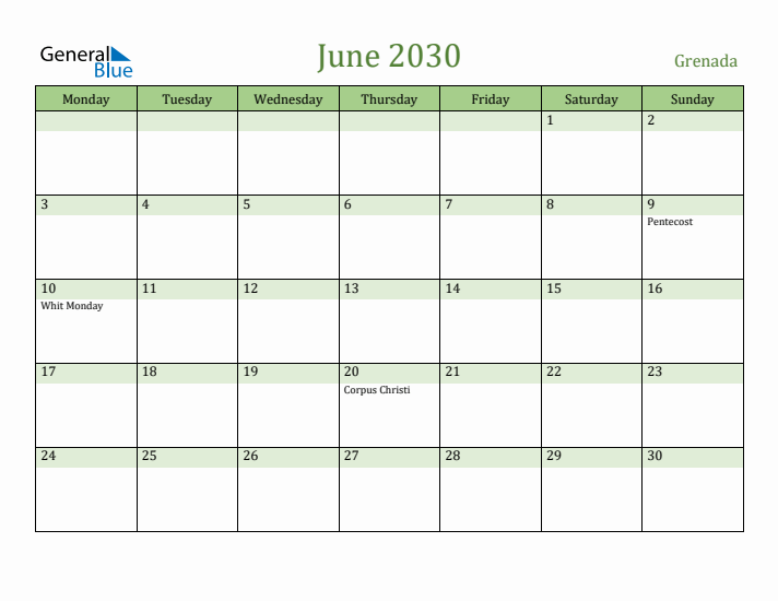 June 2030 Calendar with Grenada Holidays