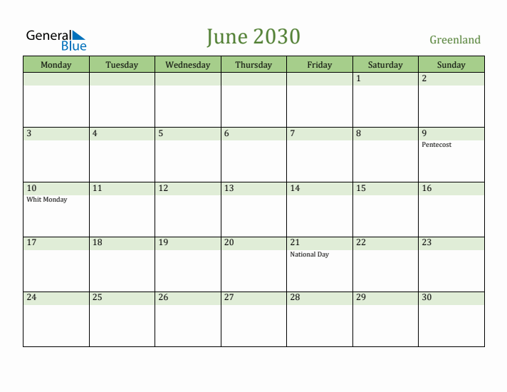 June 2030 Calendar with Greenland Holidays