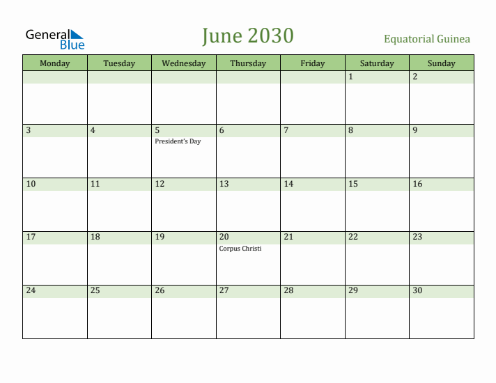 June 2030 Calendar with Equatorial Guinea Holidays