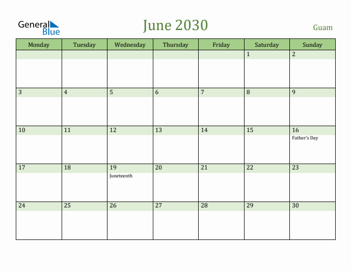 June 2030 Calendar with Guam Holidays