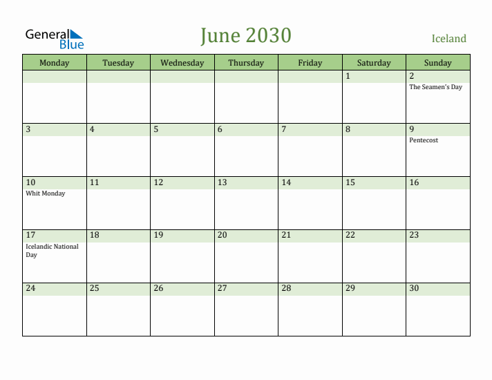 June 2030 Calendar with Iceland Holidays