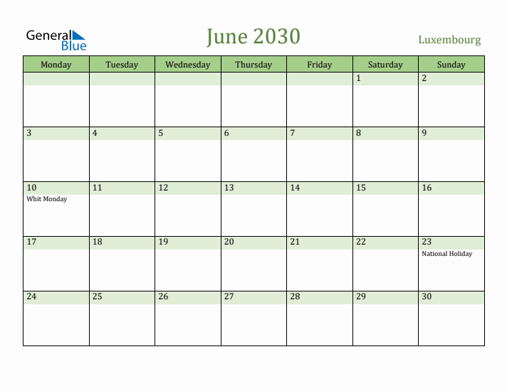 June 2030 Calendar with Luxembourg Holidays