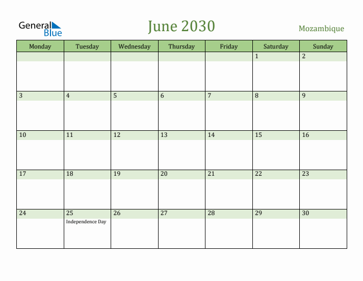 June 2030 Calendar with Mozambique Holidays