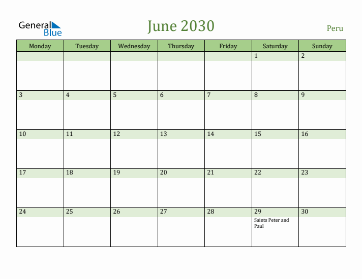 June 2030 Calendar with Peru Holidays