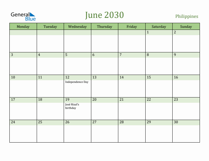 June 2030 Calendar with Philippines Holidays