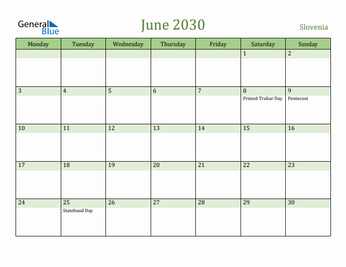 June 2030 Calendar with Slovenia Holidays