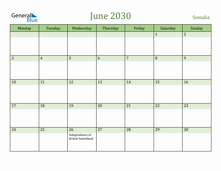 June 2030 Calendar with Somalia Holidays