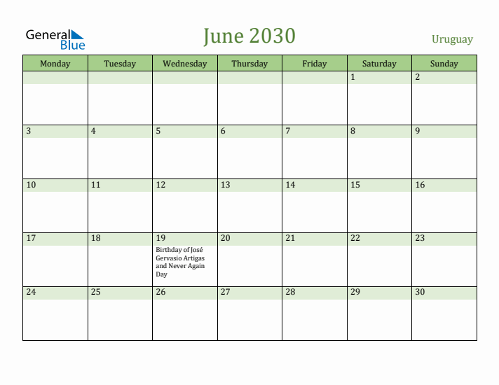 June 2030 Calendar with Uruguay Holidays