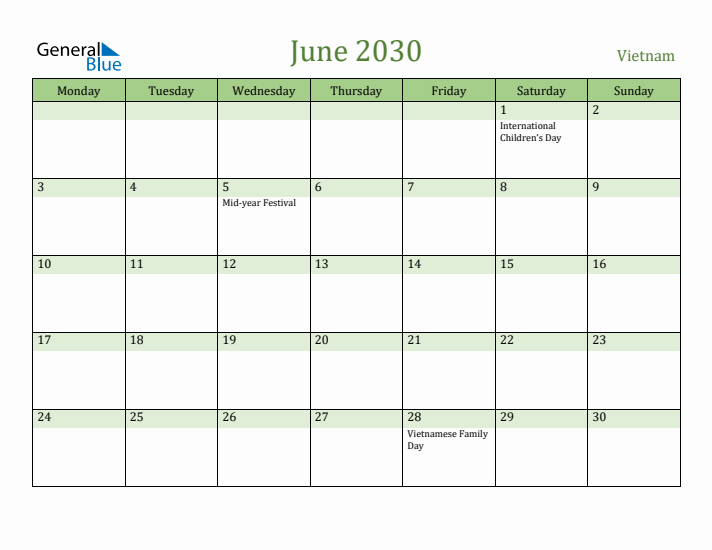 June 2030 Calendar with Vietnam Holidays