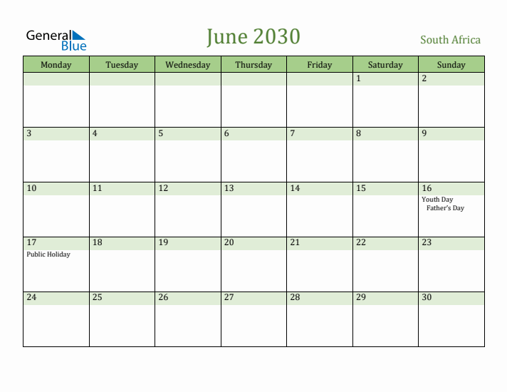 June 2030 Calendar with South Africa Holidays