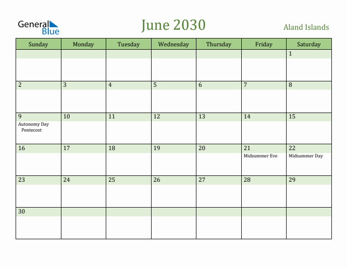 June 2030 Calendar with Aland Islands Holidays