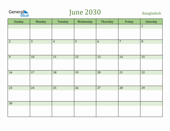 June 2030 Calendar with Bangladesh Holidays