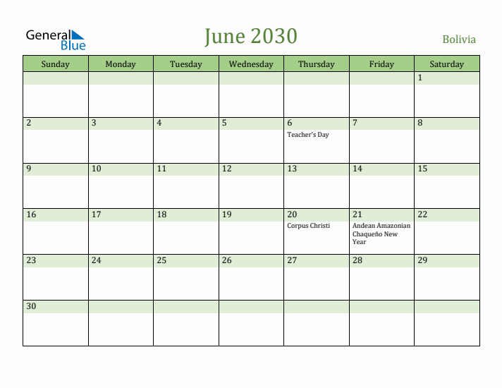 June 2030 Calendar with Bolivia Holidays