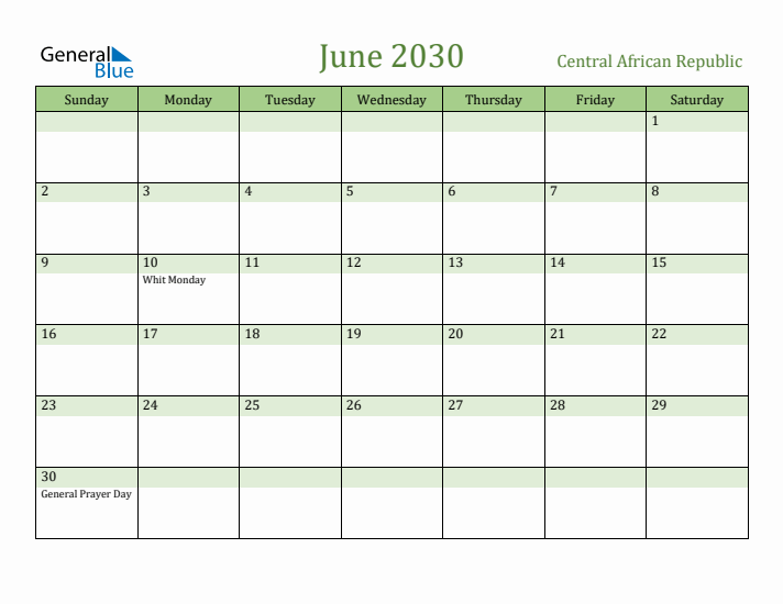 June 2030 Calendar with Central African Republic Holidays