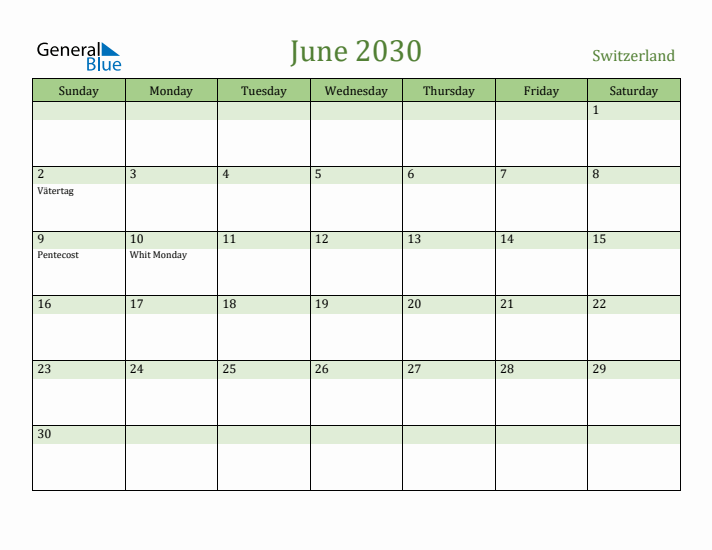 June 2030 Calendar with Switzerland Holidays