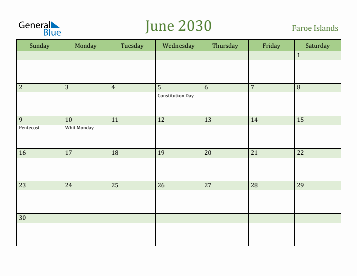 June 2030 Calendar with Faroe Islands Holidays