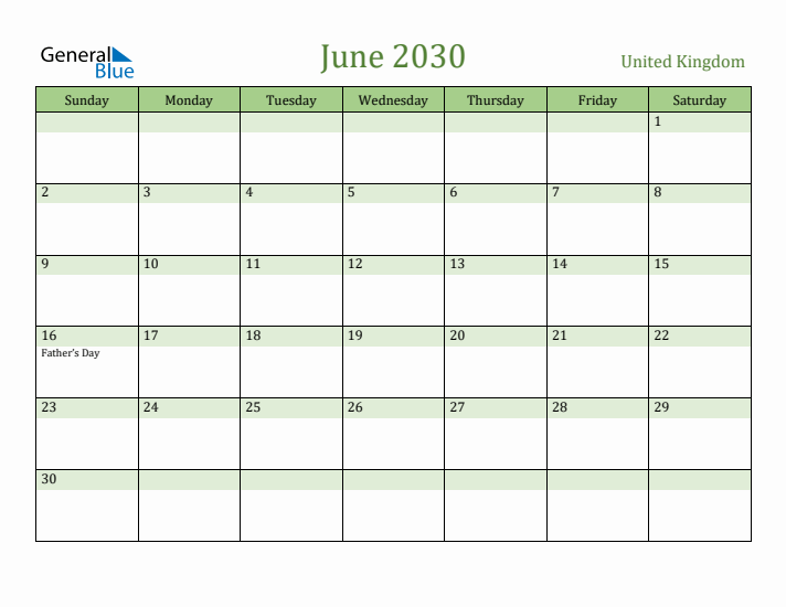 June 2030 Calendar with United Kingdom Holidays