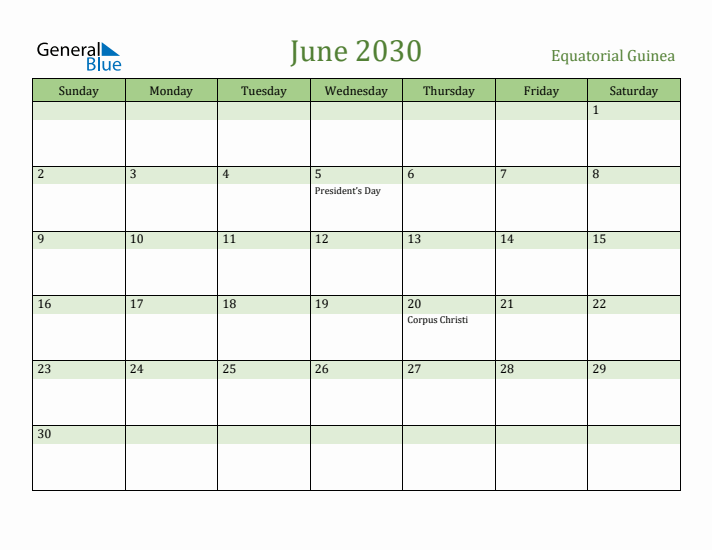 June 2030 Calendar with Equatorial Guinea Holidays