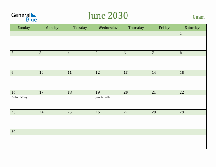 June 2030 Calendar with Guam Holidays