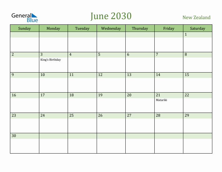 June 2030 Calendar with New Zealand Holidays