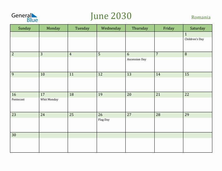 June 2030 Calendar with Romania Holidays