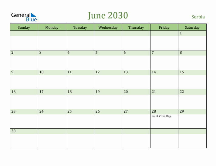 June 2030 Calendar with Serbia Holidays