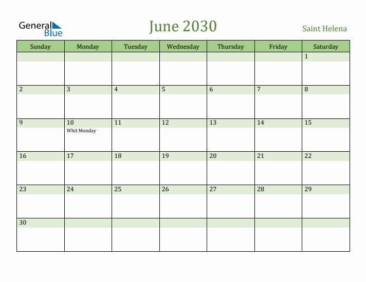 June 2030 Calendar with Saint Helena Holidays