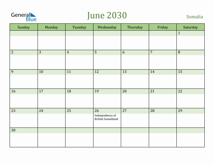 June 2030 Calendar with Somalia Holidays