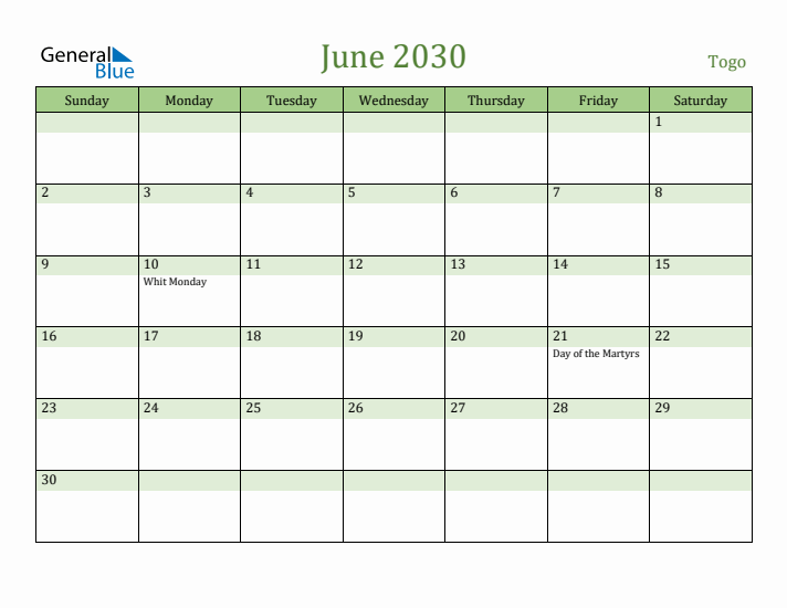 June 2030 Calendar with Togo Holidays