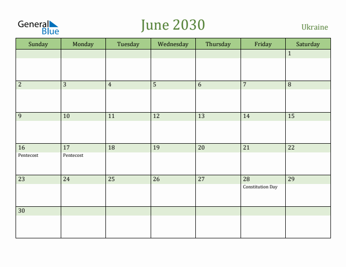 June 2030 Calendar with Ukraine Holidays