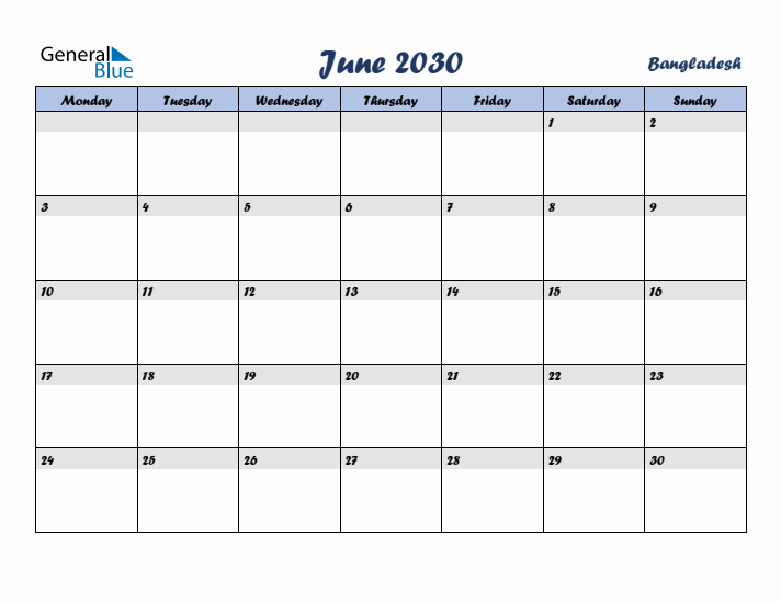 June 2030 Calendar with Holidays in Bangladesh