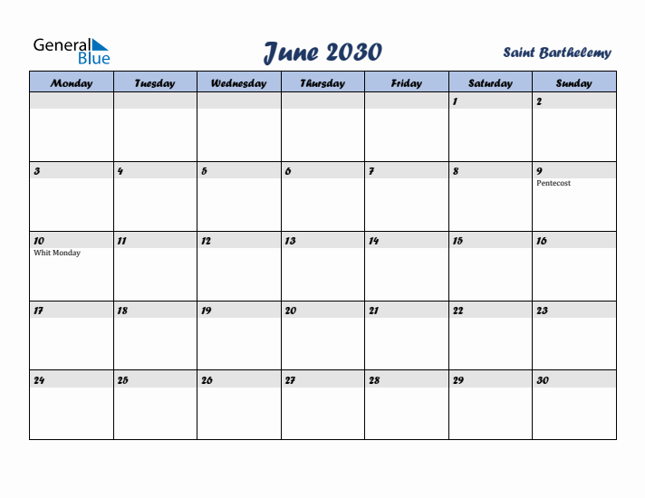 June 2030 Calendar with Holidays in Saint Barthelemy