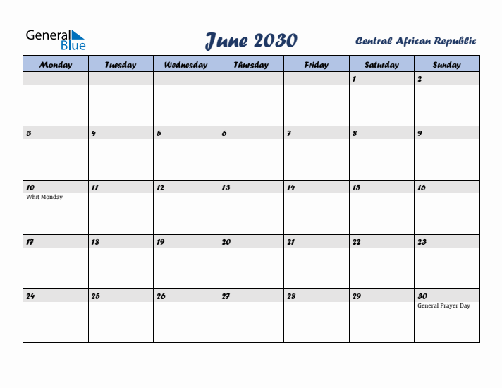 June 2030 Calendar with Holidays in Central African Republic