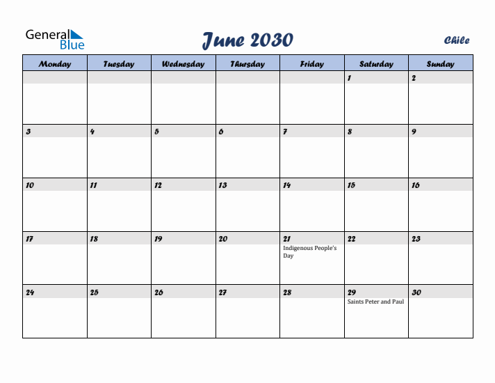 June 2030 Calendar with Holidays in Chile