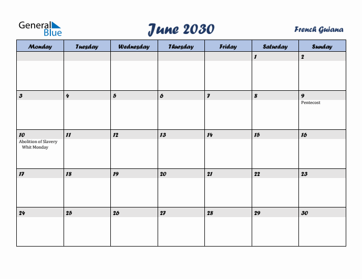 June 2030 Calendar with Holidays in French Guiana