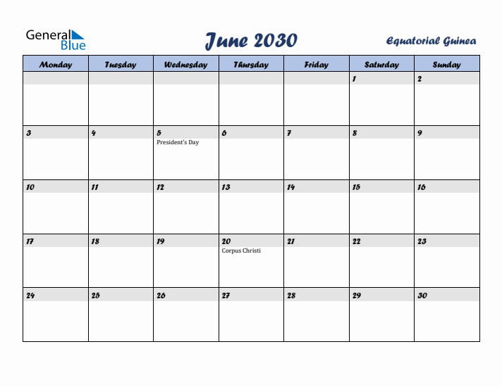 June 2030 Calendar with Holidays in Equatorial Guinea