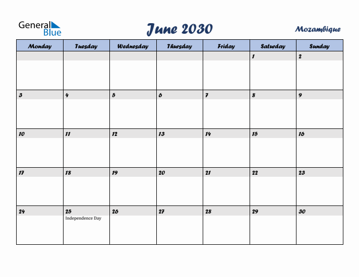 June 2030 Calendar with Holidays in Mozambique