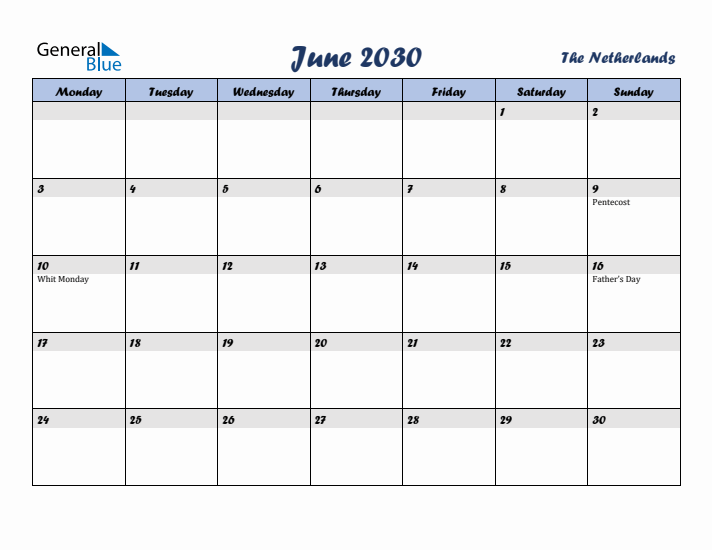 June 2030 Calendar with Holidays in The Netherlands