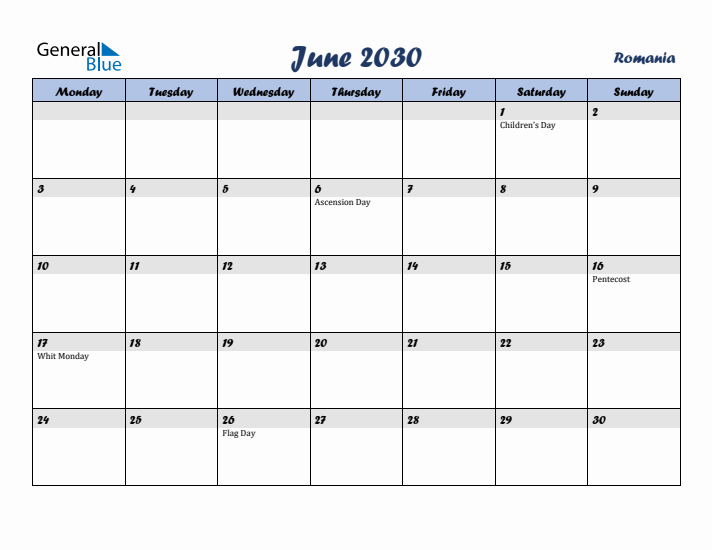 June 2030 Calendar with Holidays in Romania